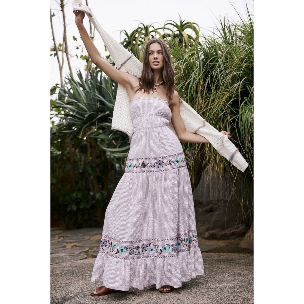 Free People Bohemian Embroidered Floral Kalani Strapless Midi Dress Size XL